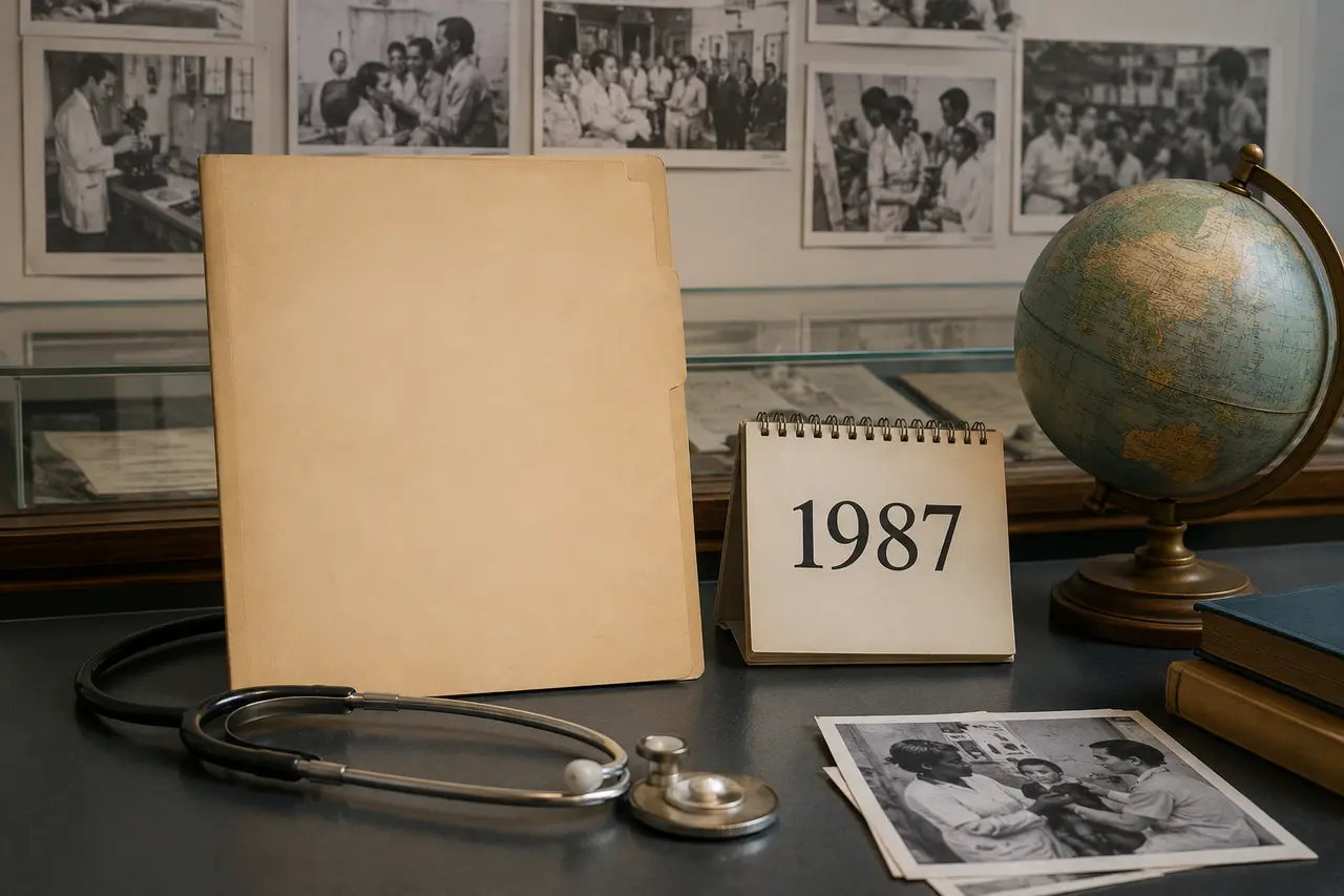 Dossier de santé, stéthoscope, globe et calendrier 1987