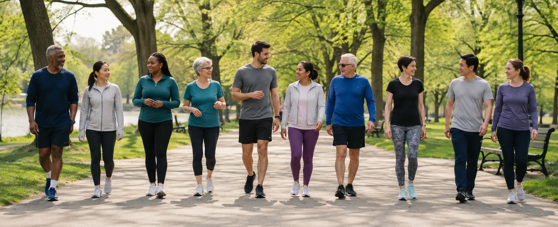 Dix adultes participant à une marche de santé dans un parc