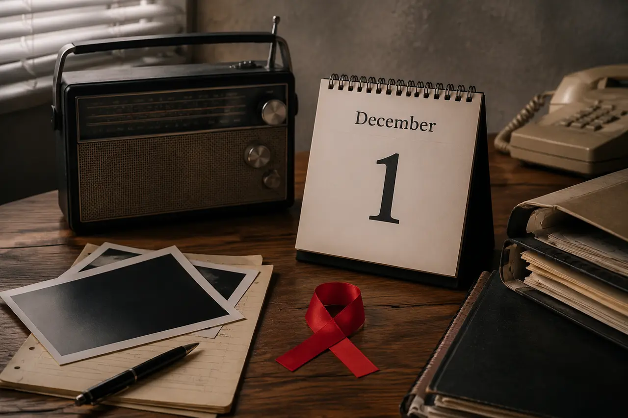 Radio, calendrier du 1er décembre et ruban rouge évoquant la campagne de 1988