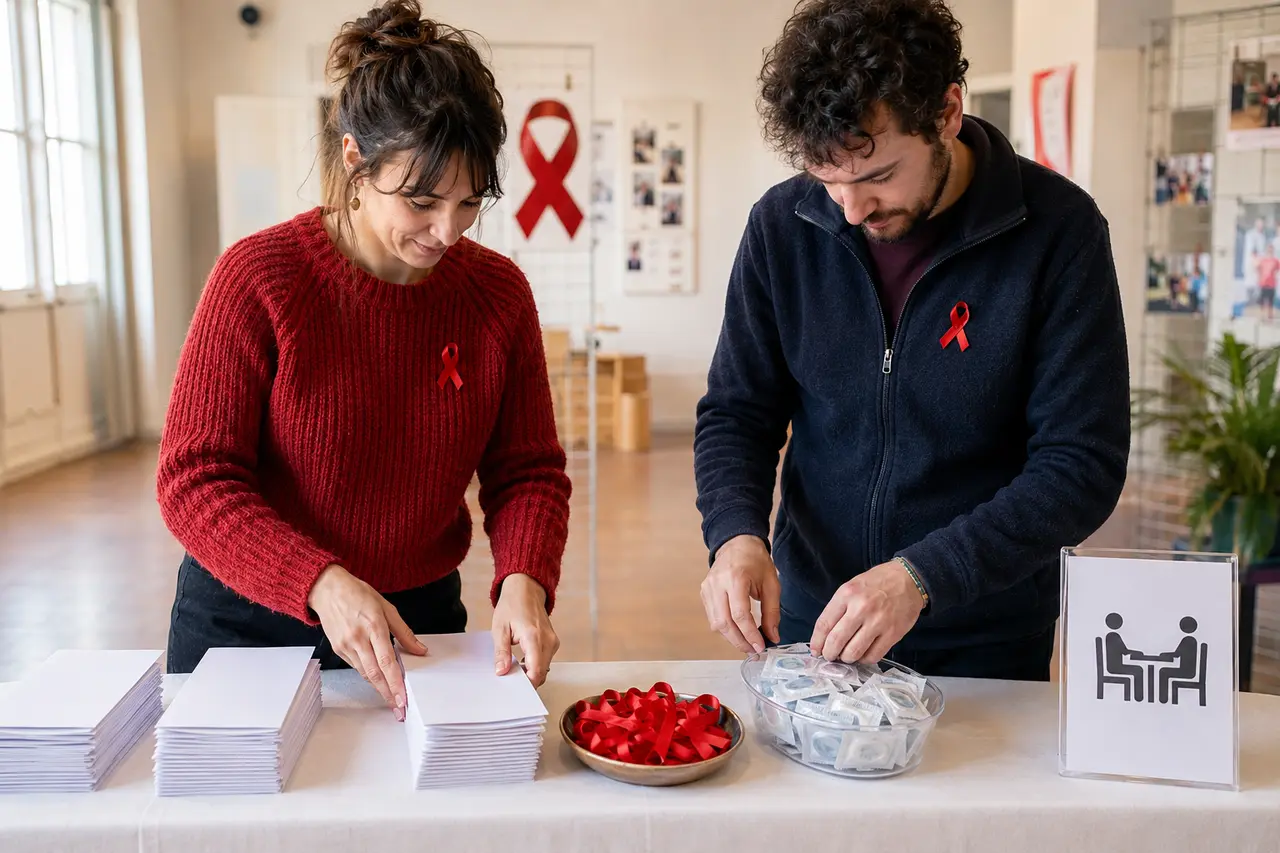Deux adultes préparant une table d’information sur le VIH