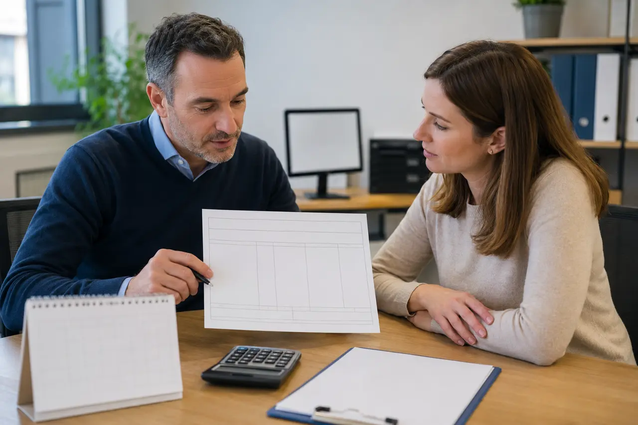 Gestionnaire de paie et salariée vérifiant un calendrier et un relevé d’heures