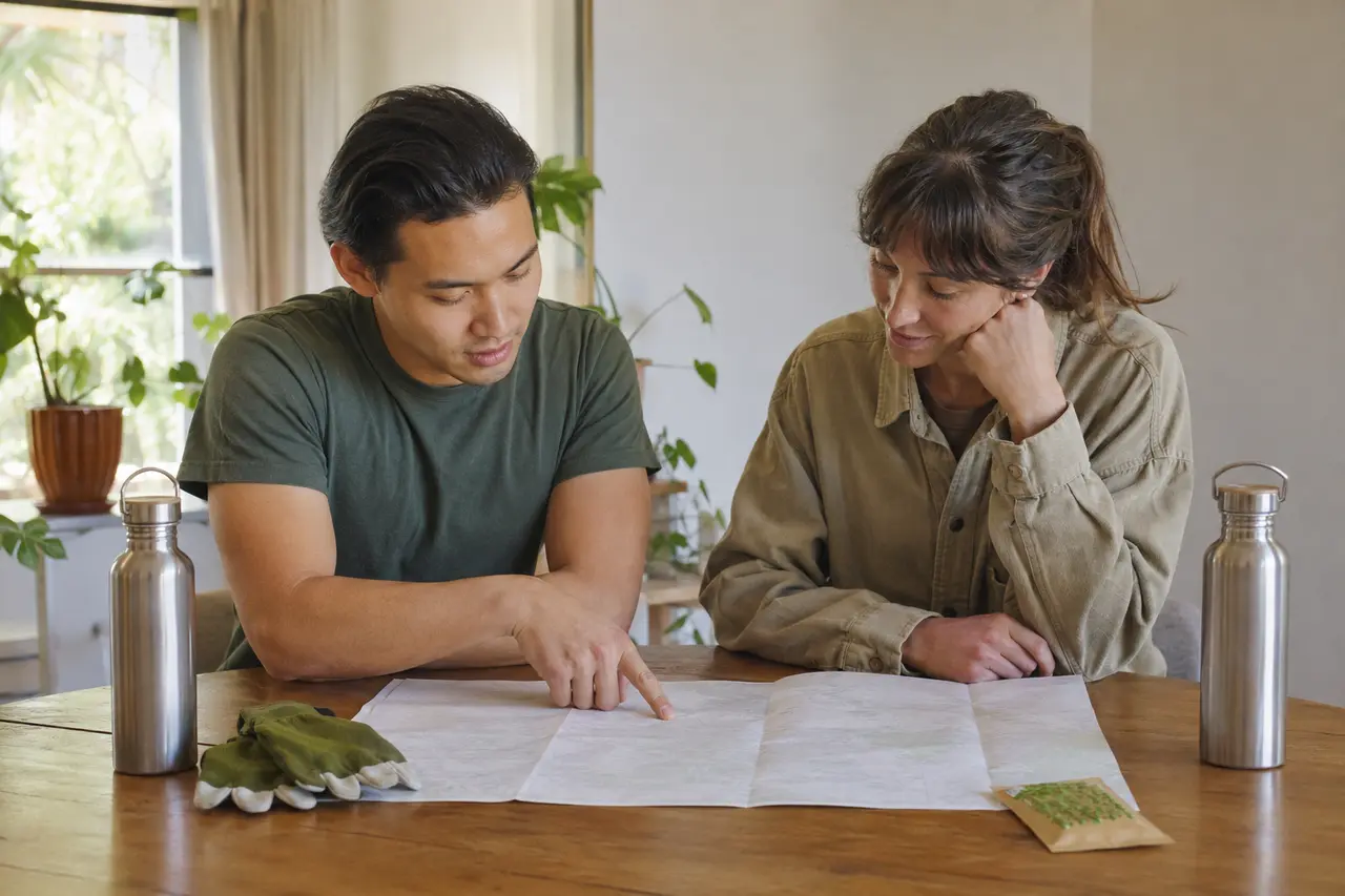 Deux adultes préparant une action locale avec carte vierge et matériel réutilisable