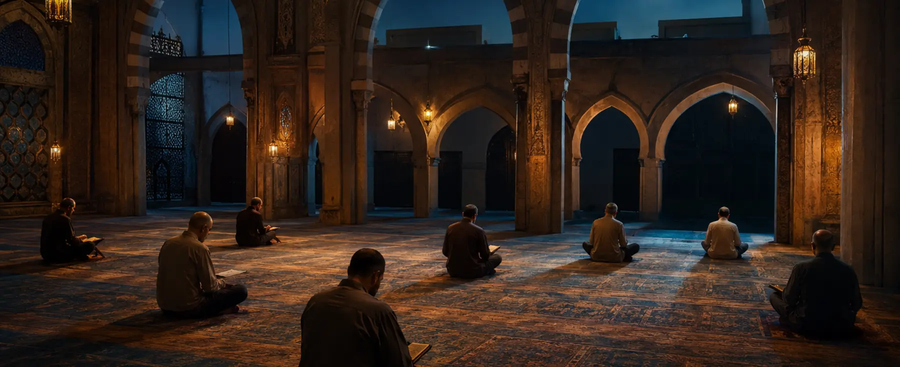 Fidèles en recueillement nocturne dans une grande mosquée