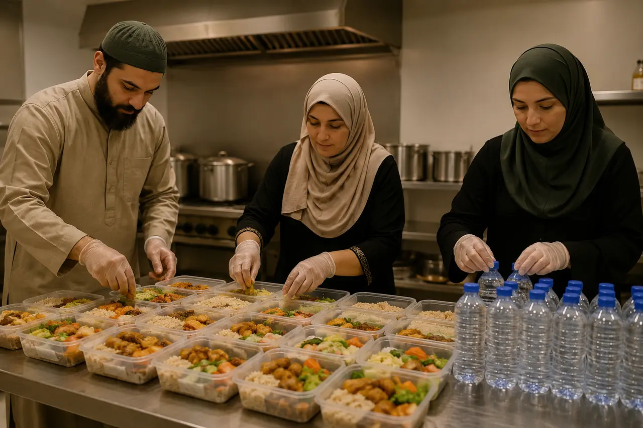 Trois bénévoles préparant des repas et de l’eau pendant Ramadan