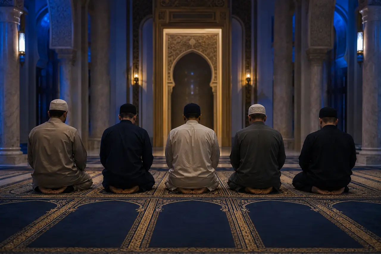 Cinq adultes alignés en prière nocturne dans une mosquée