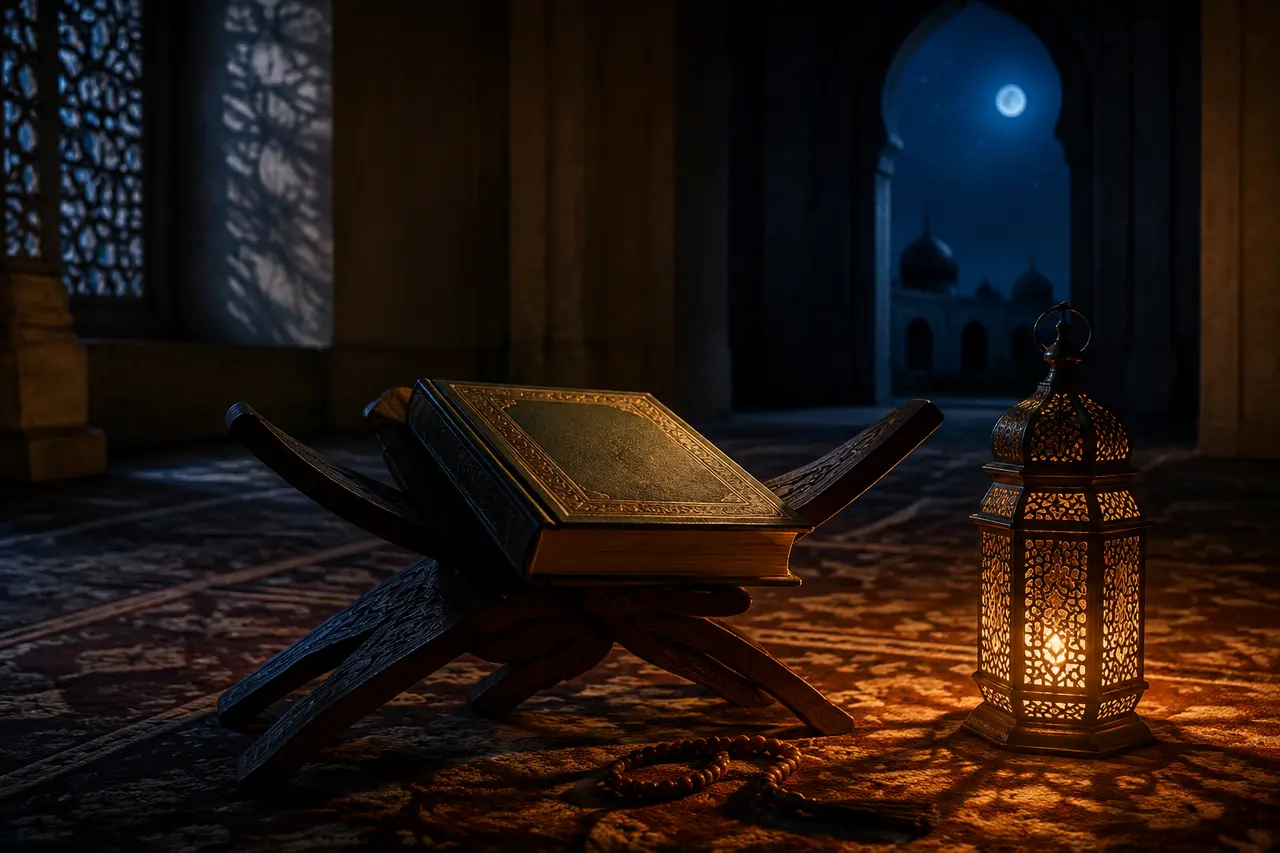 Coran fermé, chapelet et lanterne dans une mosquée la nuit