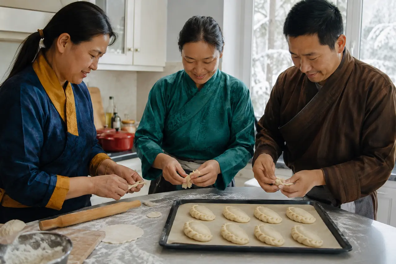Trois adultes préparant huit pâtisseries de Losar