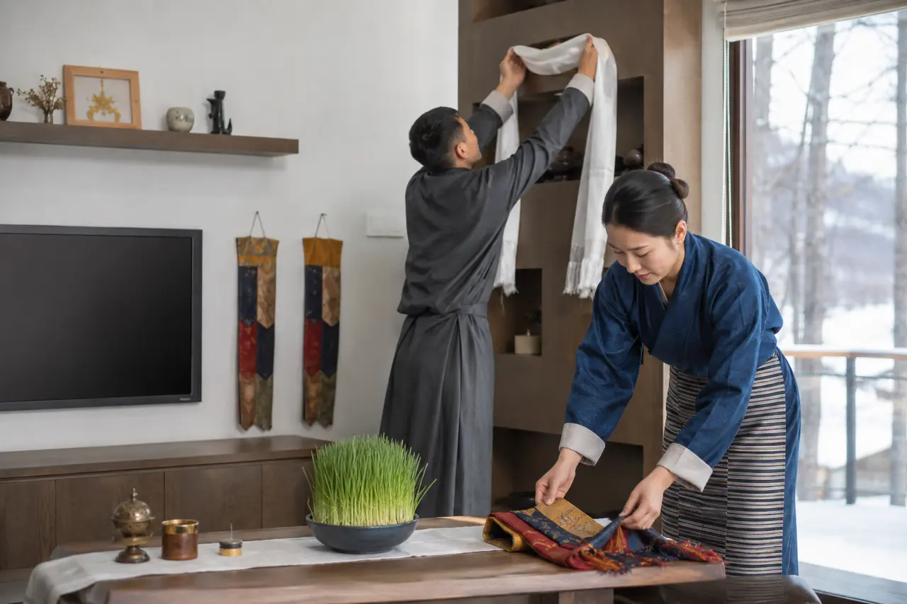 Deux adultes nettoyant et préparant sobrement la maison pour Losar