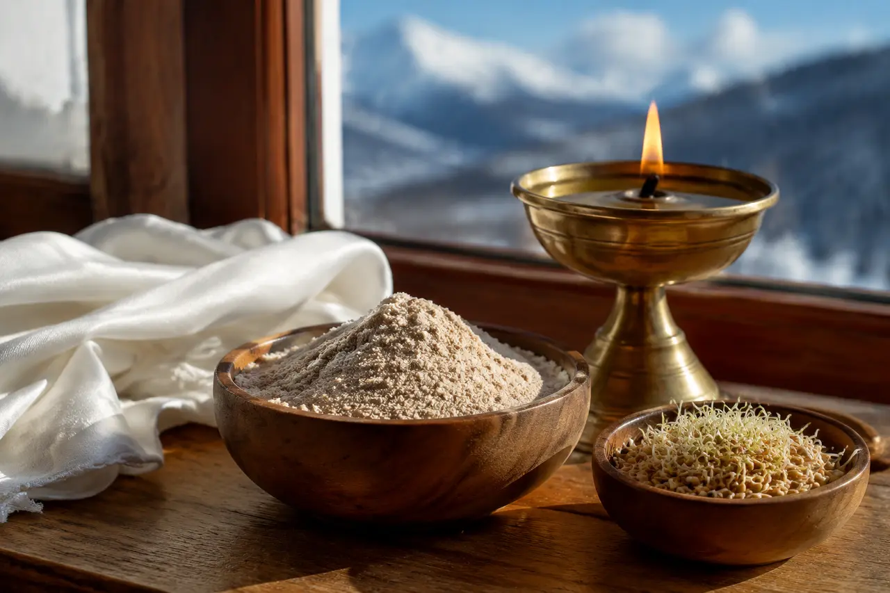 Tsampa, pousses d’orge, lampe et écharpe blanche préparées pour Losar