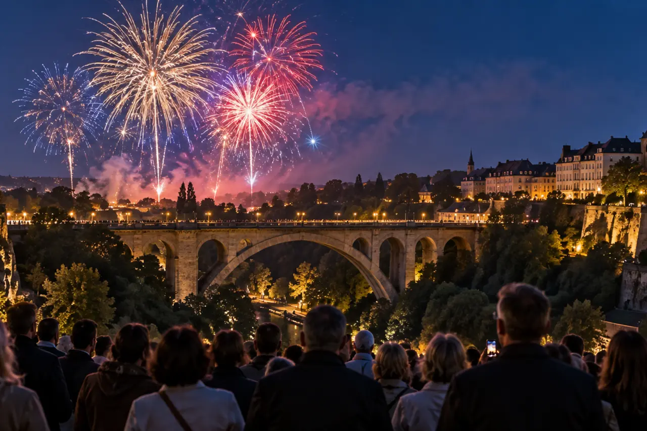 Familles et fanfare lors de la retraite aux flambeaux à Luxembourg-ville