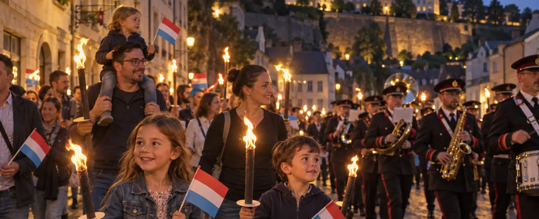 Feu d’artifice de la fête nationale au-dessus d’un pont de Luxembourg-ville