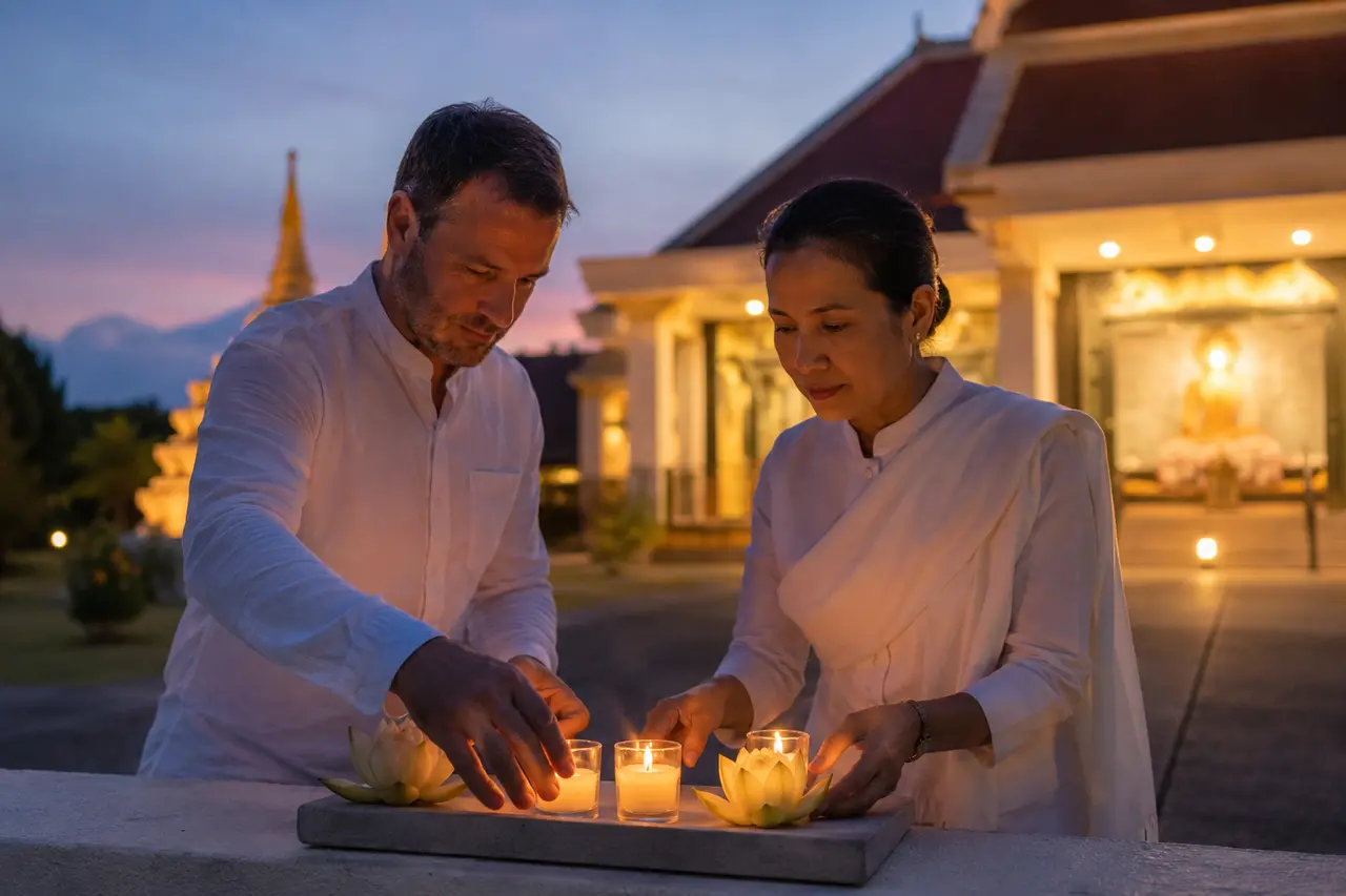 Deux adultes préparant deux lotus et deux bougies pour Magha Puja