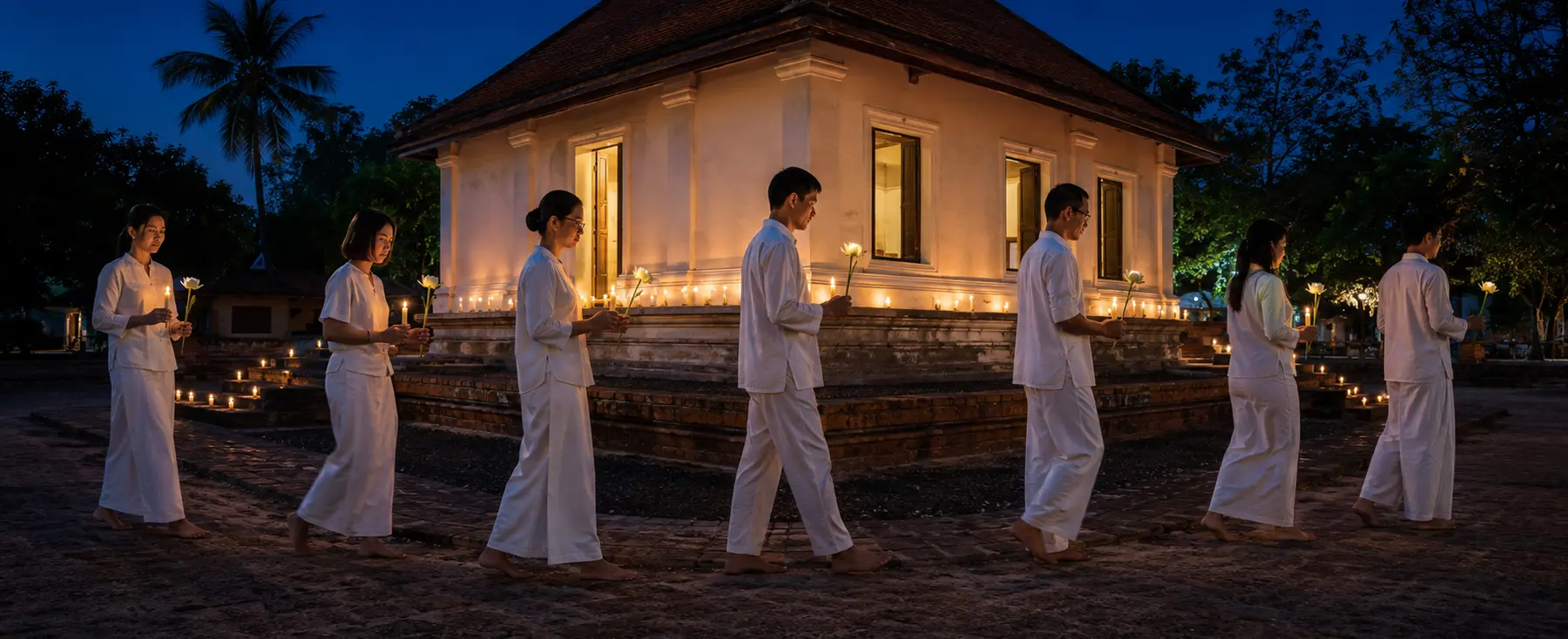 Sept adultes avançant avec fleurs et bougies à Magha Puja