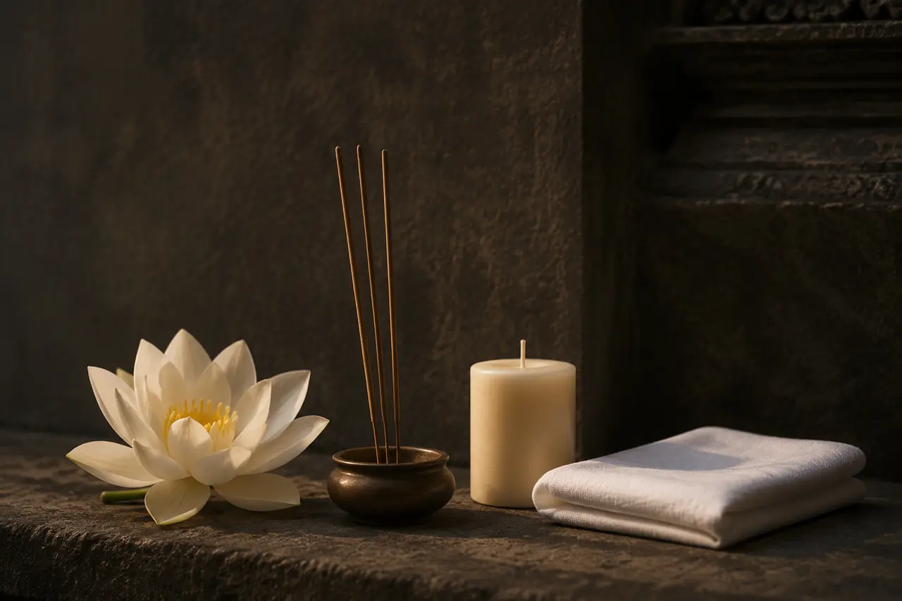 Lotus, bougie, trois bâtons d’encens et étoffe blanche pour Magha Puja