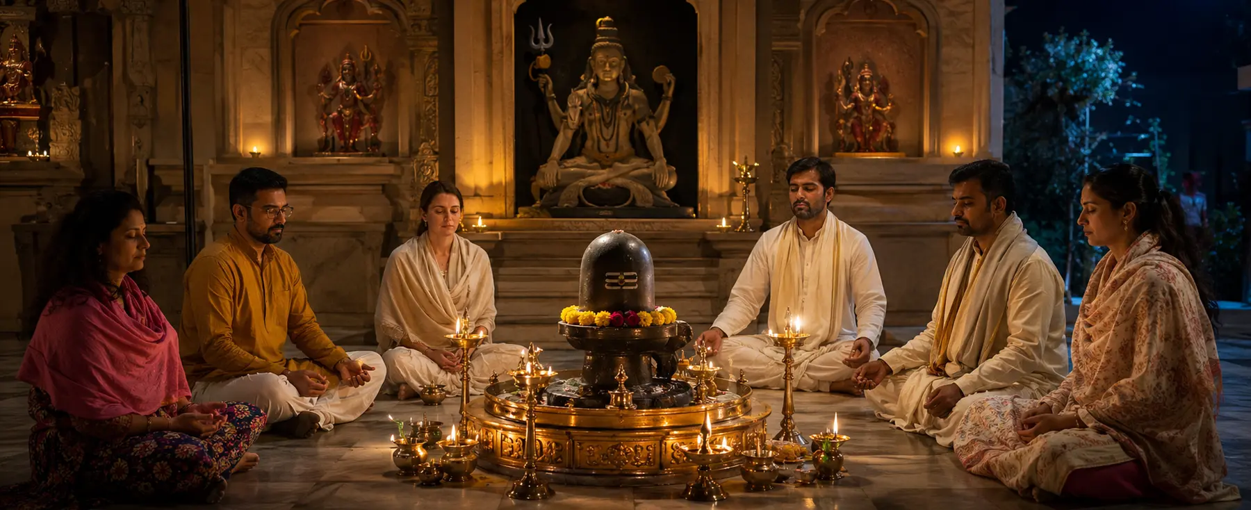 Six adultes méditant lors d’une veillée de Maha Shivaratri