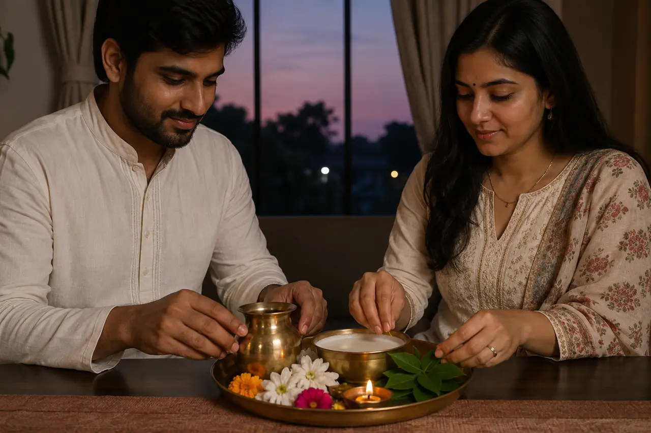 Deux adultes préparant eau, lait, bilva, fleurs et lampe pour Maha Shivaratri