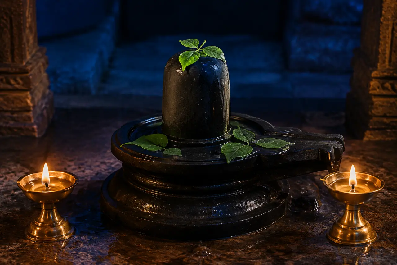 Shiva lingam sur sa base avec eau, feuilles de bilva et deux lampes