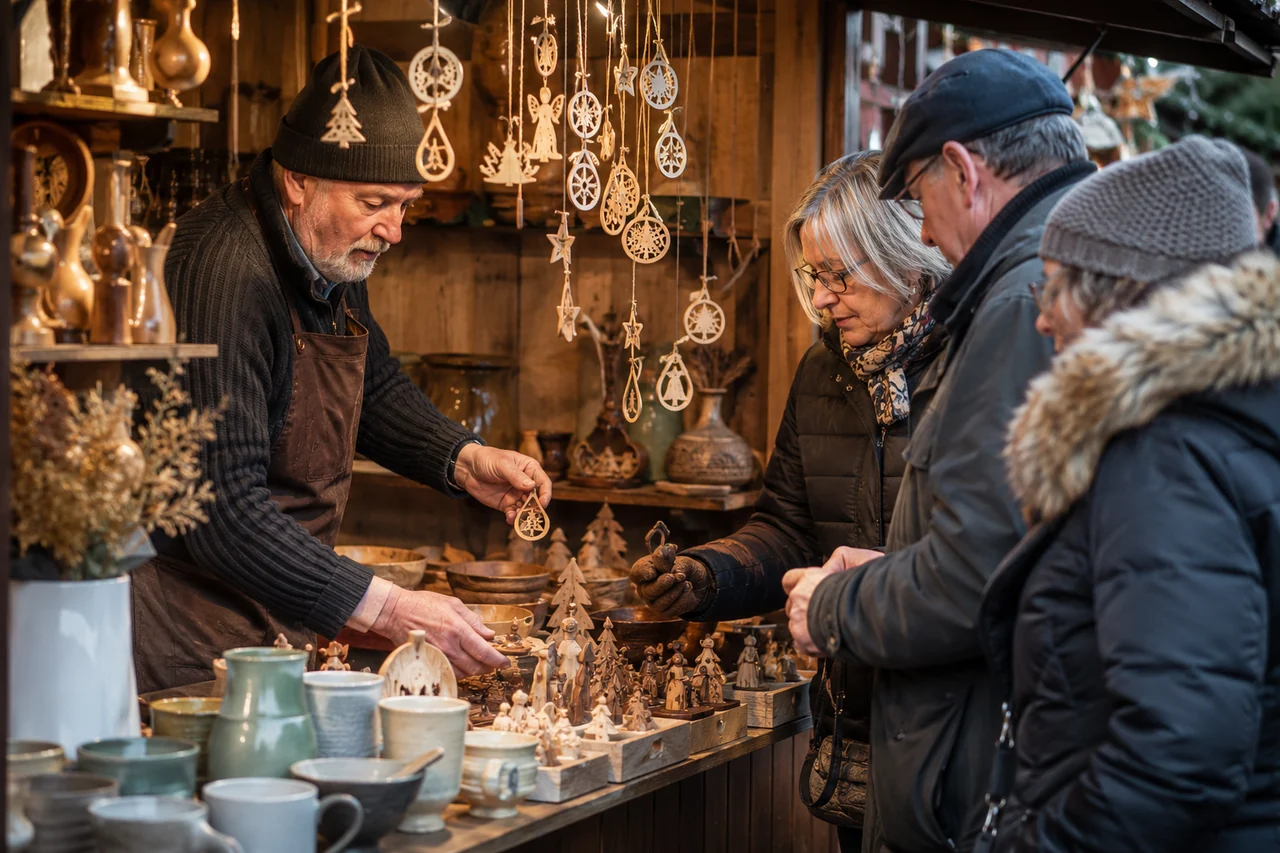 Artisane présentant des décorations et céramiques sur un marché de Noël strasbourgeois