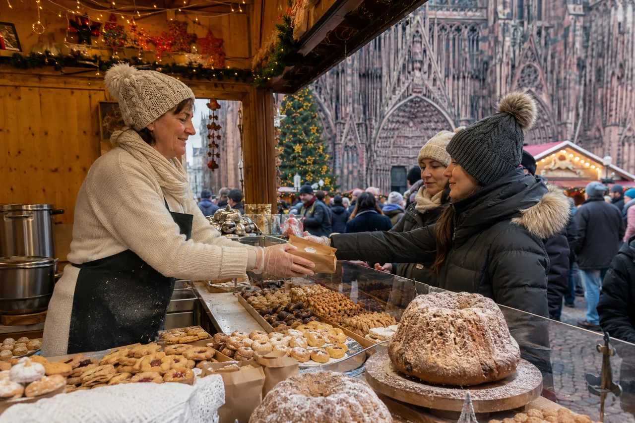 Vendeuse servant des bredele et une boisson chaude sur un marché de Noël à Strasbourg