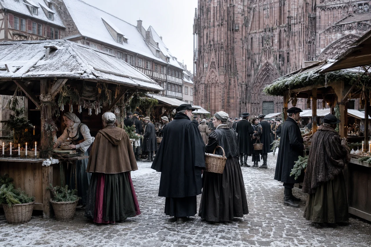 Reconstitution du Christkindelsmärik de Strasbourg en 1570 près de la cathédrale