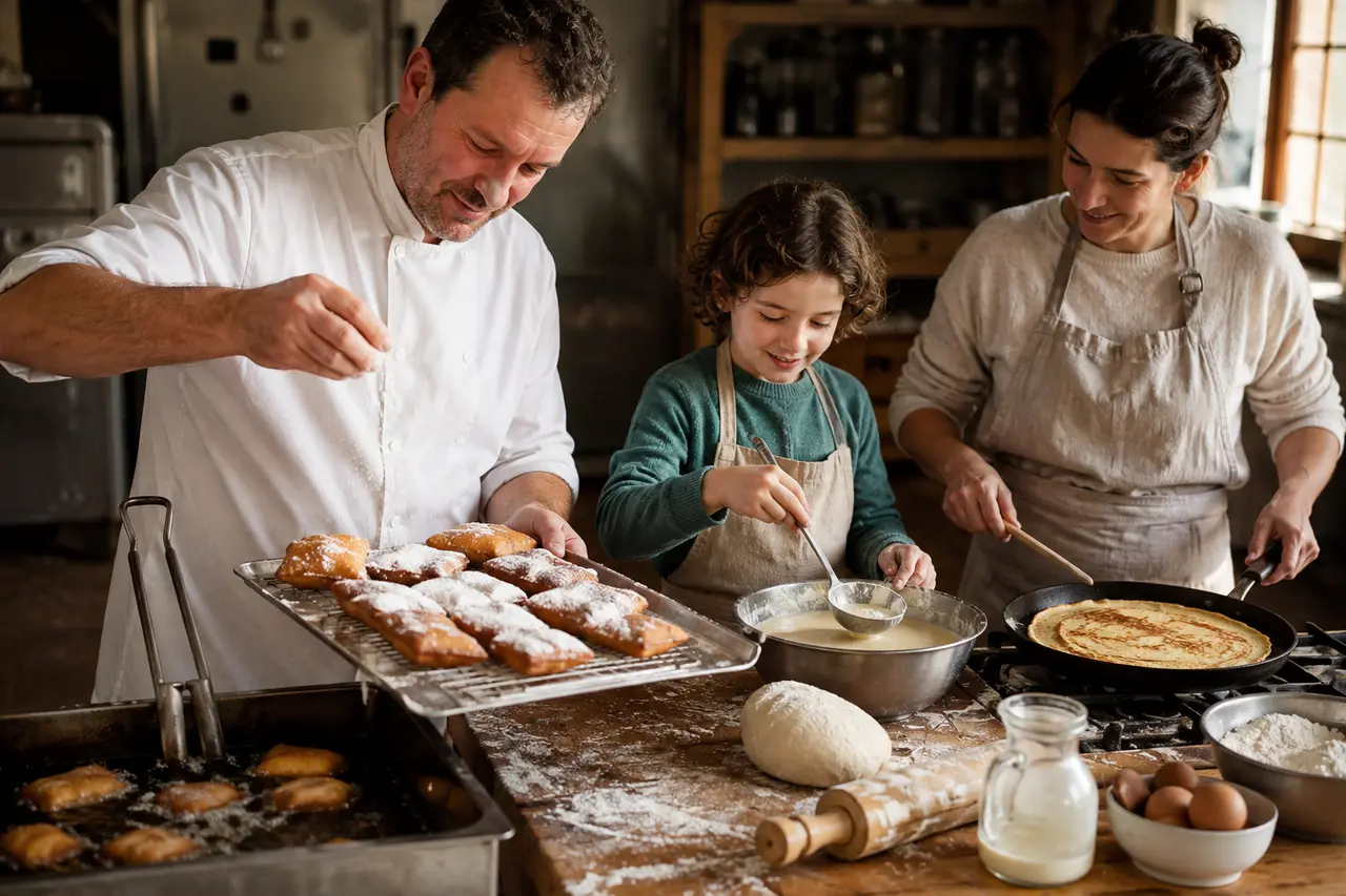 Parent et enfant préparant des beignets et des crêpes pour Mardi gras