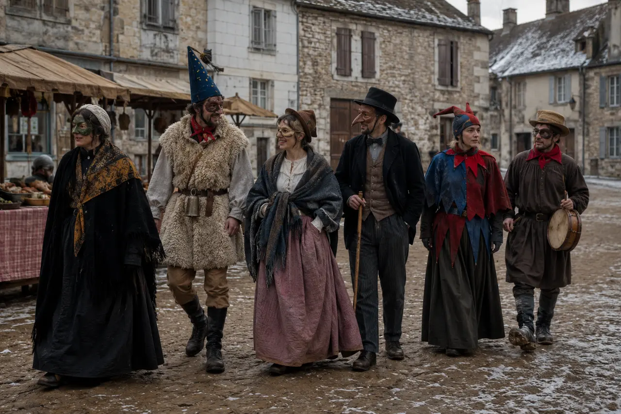 Petit carnaval historique dans une rue française à la fin du XIXe siècle