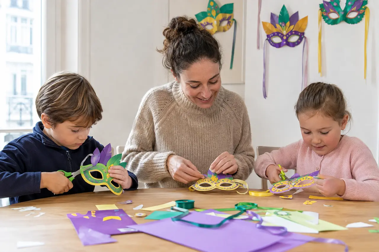 Enfants fabriquant des masques de carnaval avec un adulte