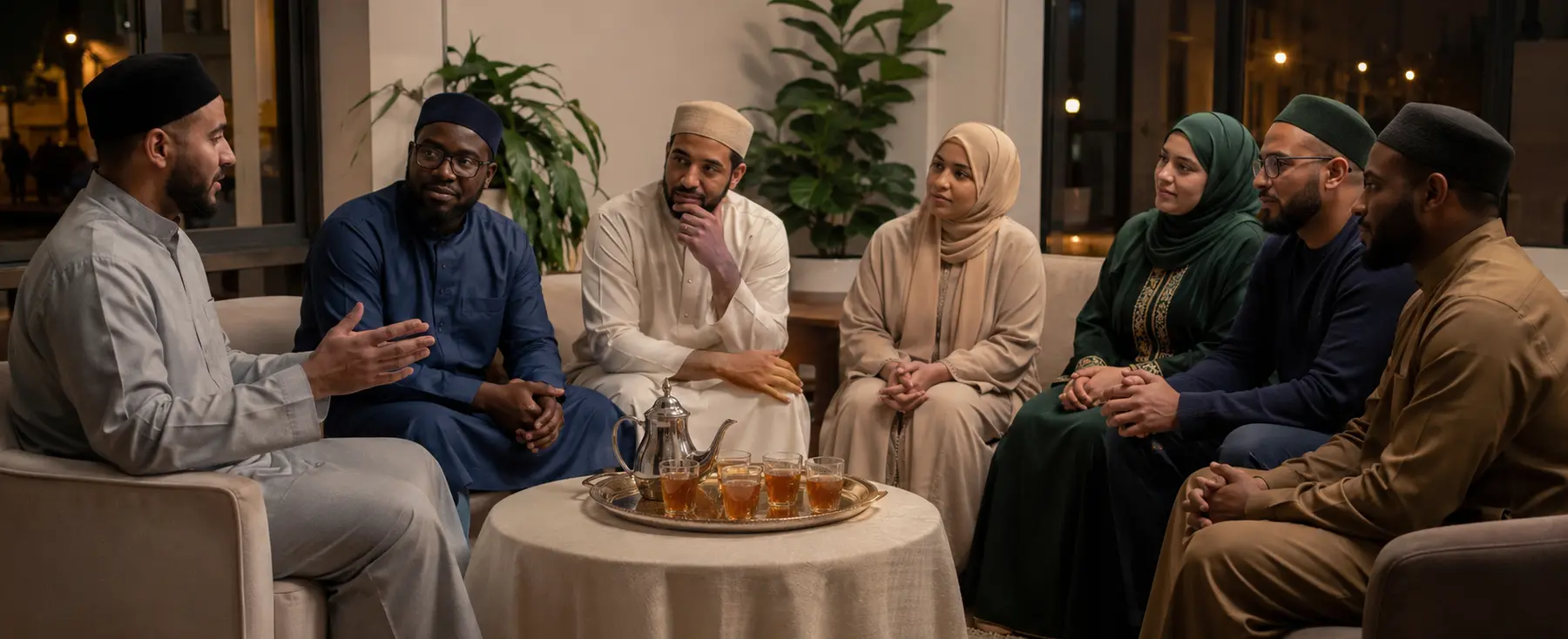 Sept adultes partageant une rencontre sobre du Mawlid