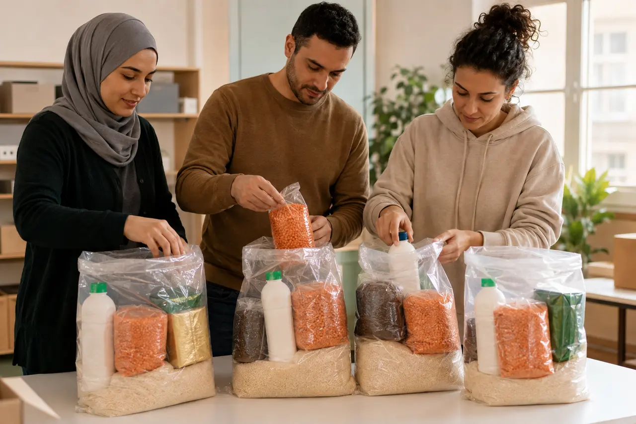 Trois adultes préparant quatre colis solidaires à l’occasion du Mawlid