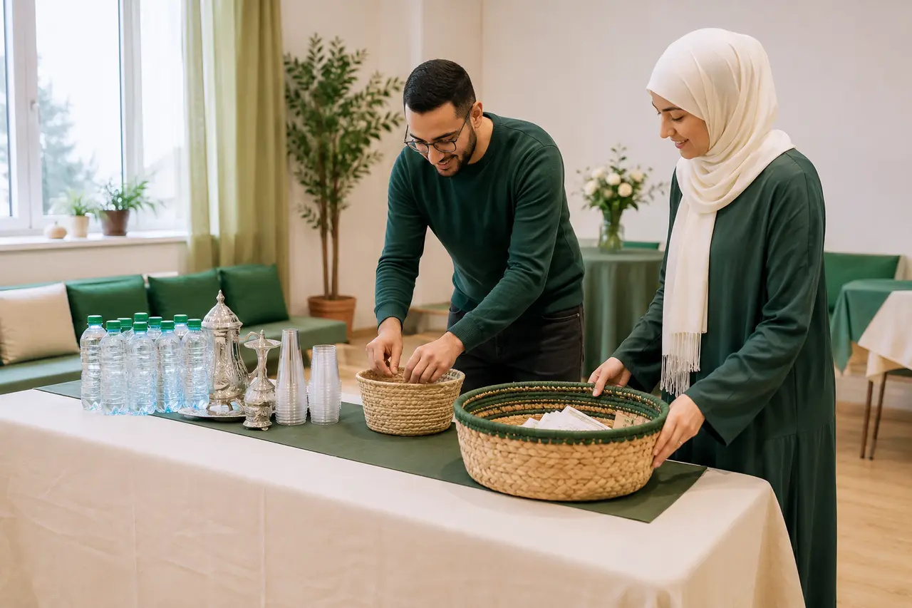 Deux adultes préparant thé et paniers de dons avant une rencontre du Mawlid