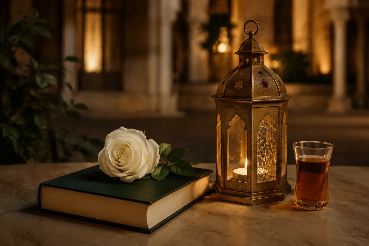 Livre fermé, rose blanche, lanterne et thé évoquant une rencontre du Mawlid