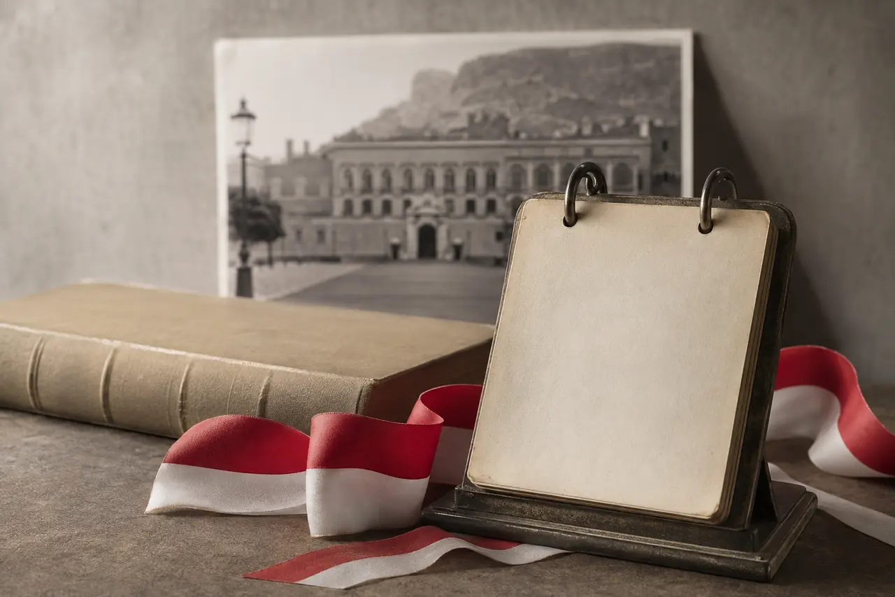Calendrier vierge, ruban rouge et blanc et photographie ancienne du palais de Monaco