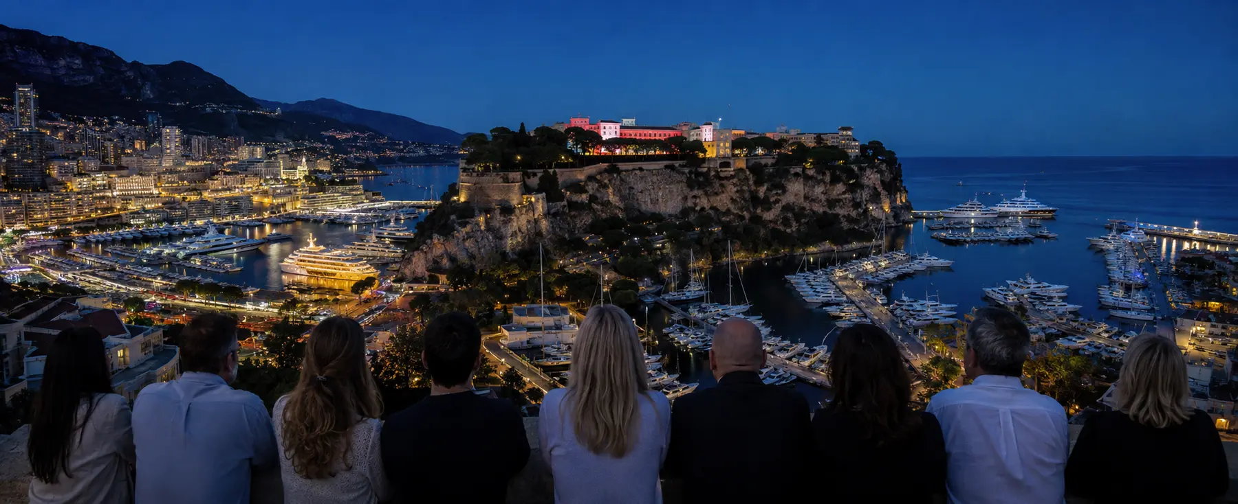 Visiteurs regardant Monaco et le palais illuminé depuis un belvédère