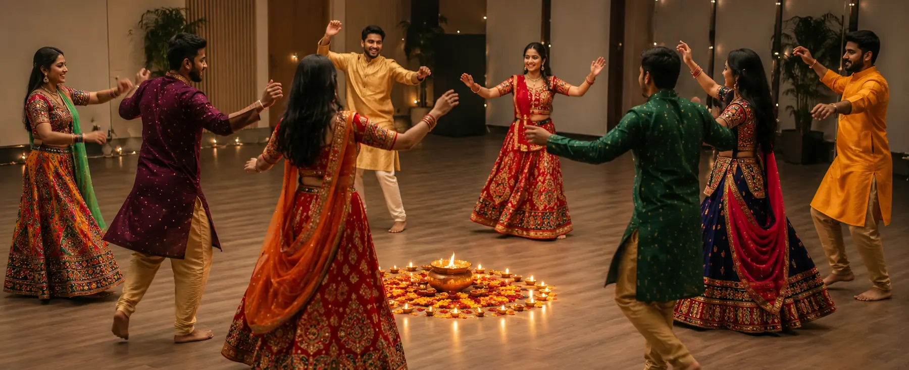 Huit adultes dansant en cercle pendant une soirée de Navaratri