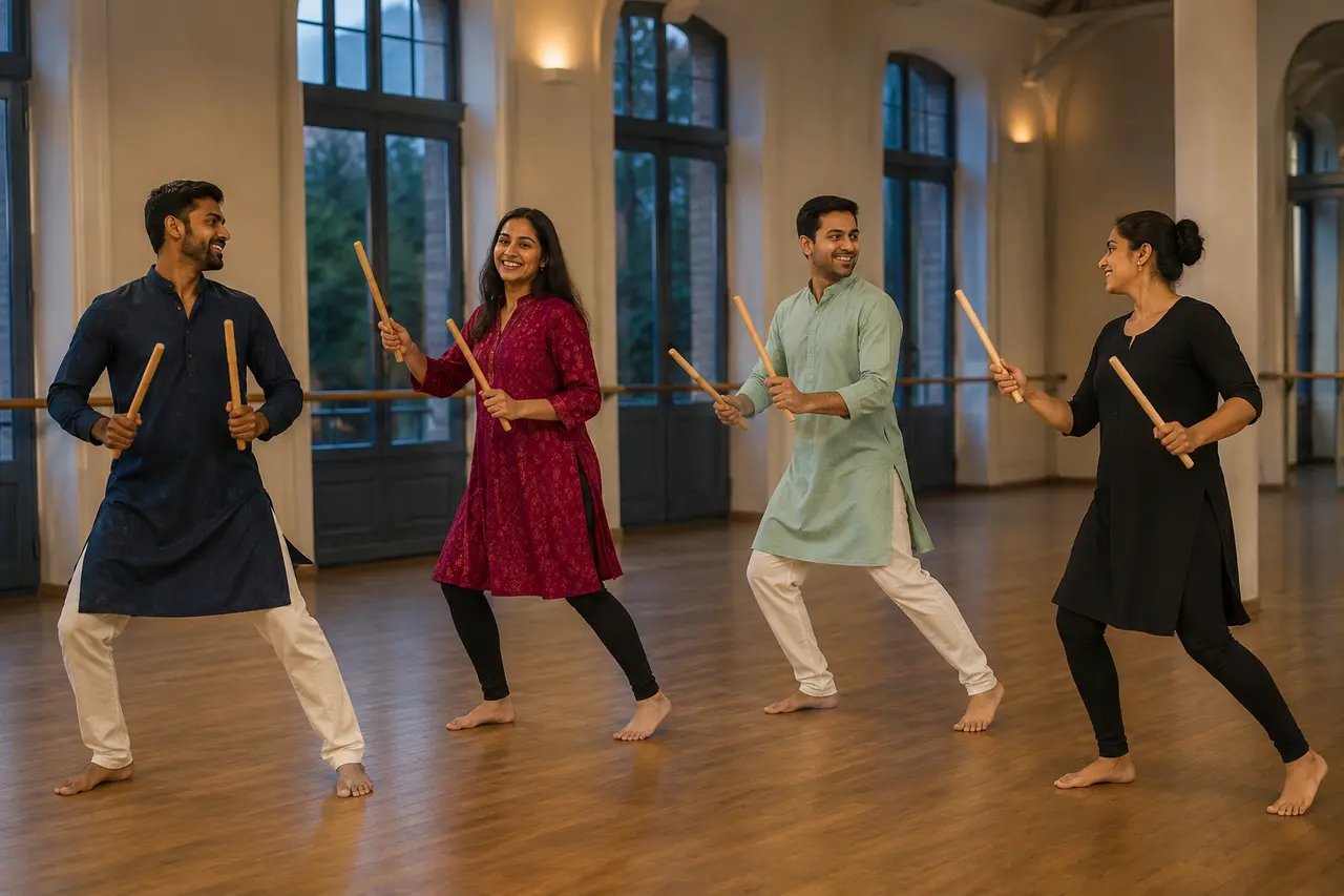 Quatre adultes apprenant le dandiya avec huit bâtons
