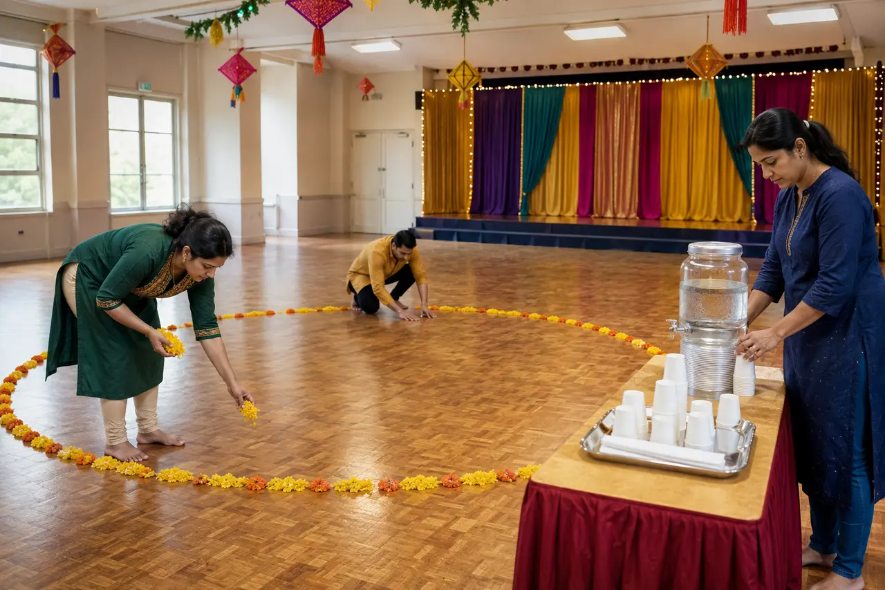 Trois bénévoles préparant une salle sûre pour Navaratri