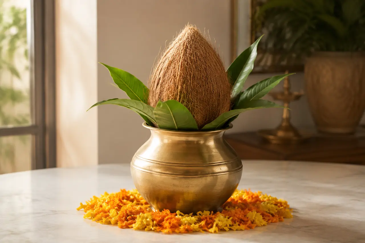 Kalash avec feuilles et noix de coco préparé pour Navaratri