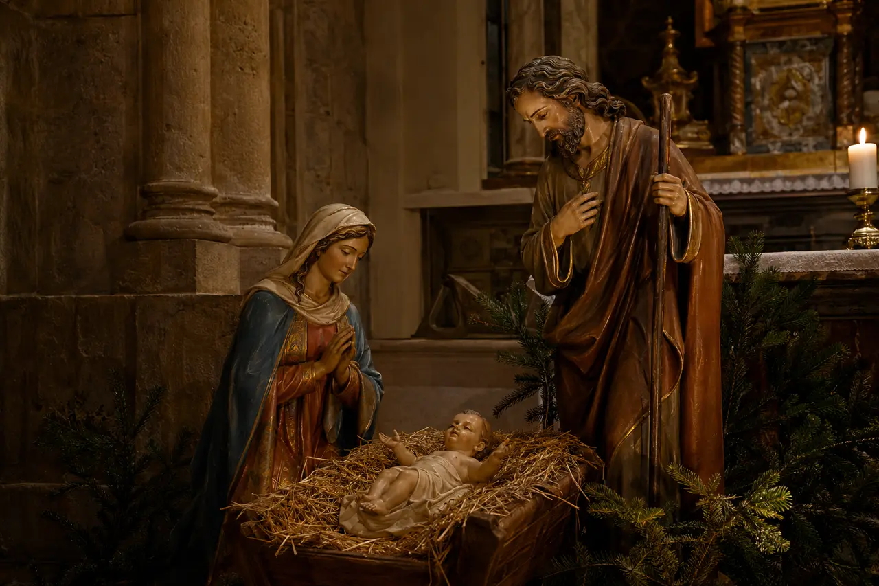 Crèche de Noël traditionnelle dans une église française