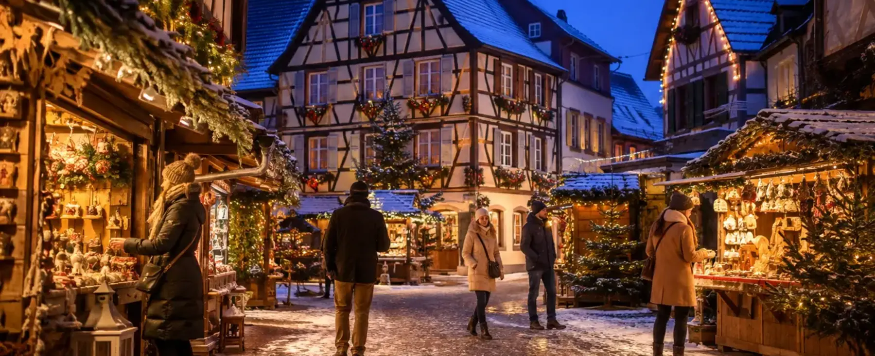 Marché de Noël dans une ville alsacienne illuminée