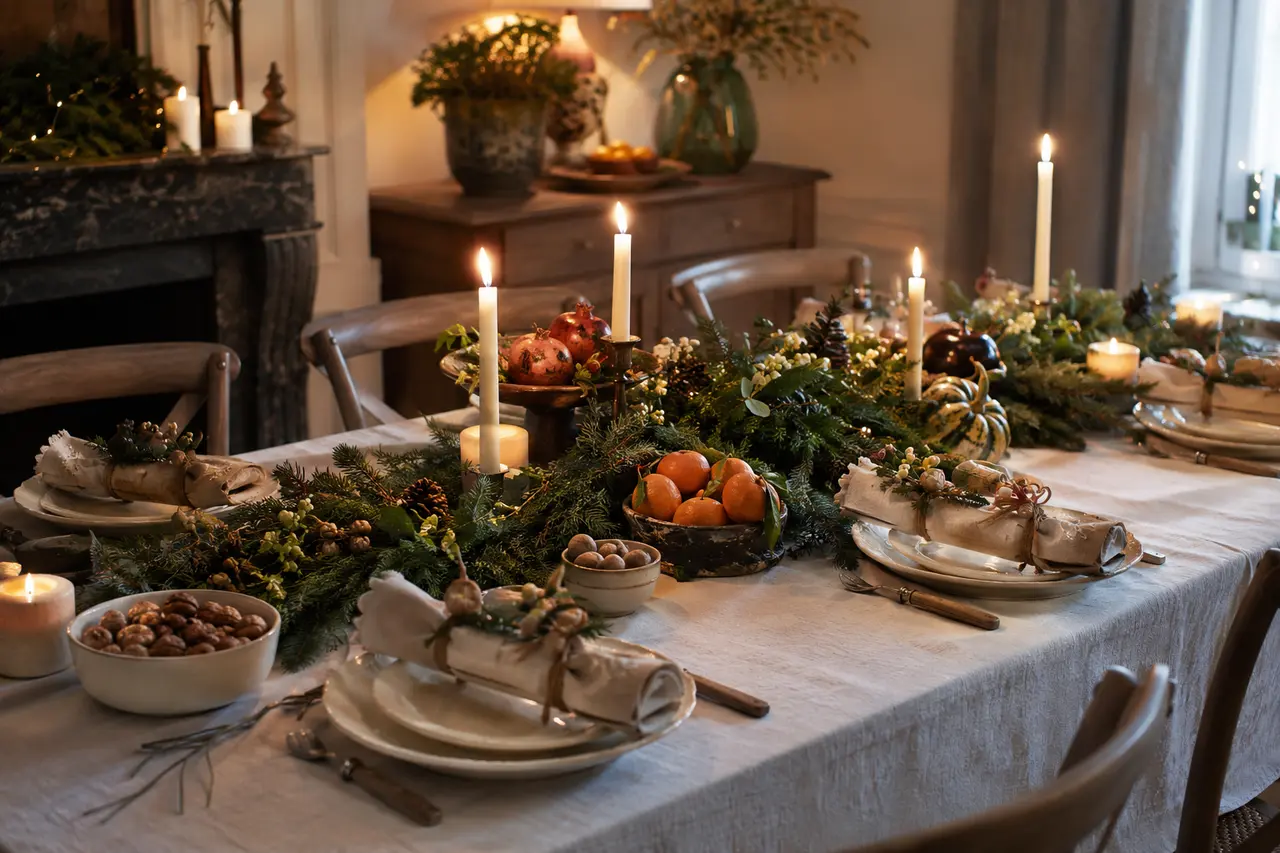 Table familiale décorée avant un repas de Noël