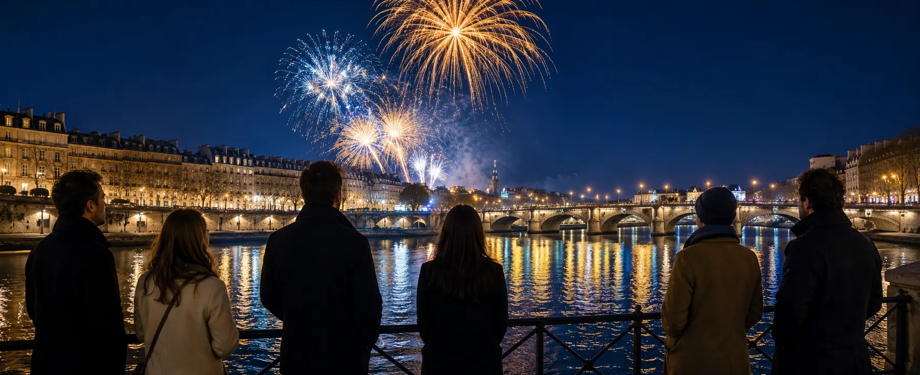 Six personnes regardant des feux d’artifice du Nouvel An près d’un fleuve français