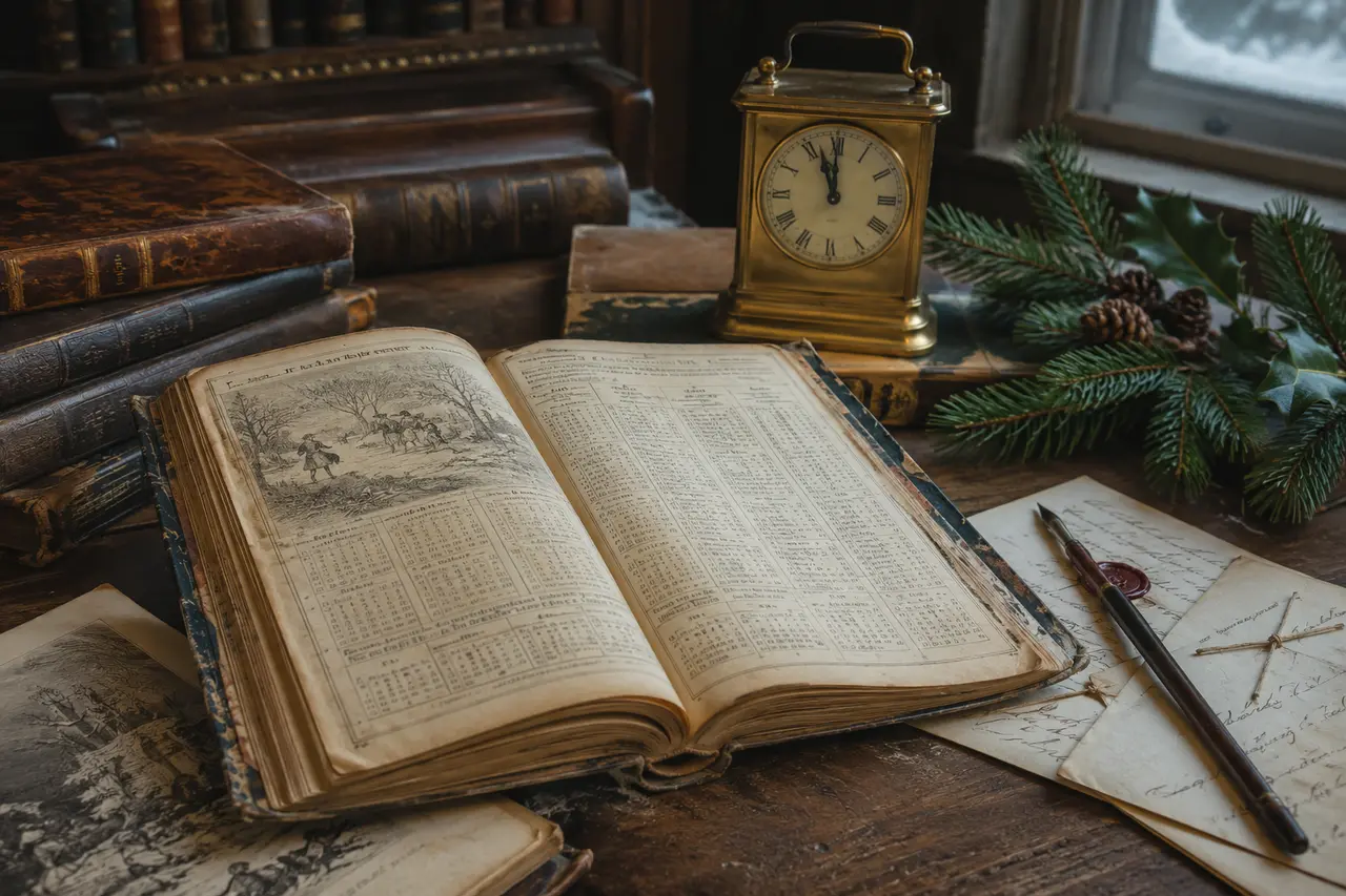 Calendrier ancien, plume et horloge évoquant l’histoire du jour de l’An