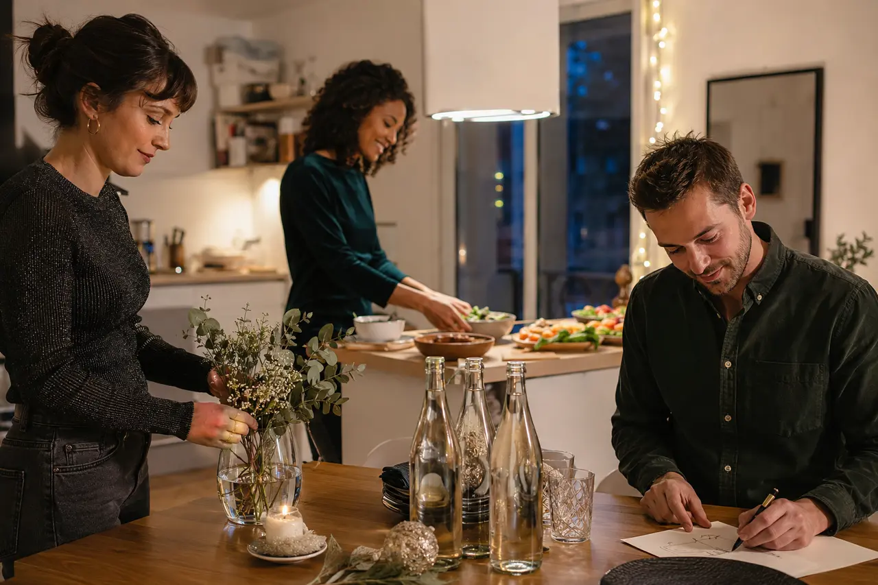 Famille préparant un réveillon responsable avec plan de retour et boissons sans alcool