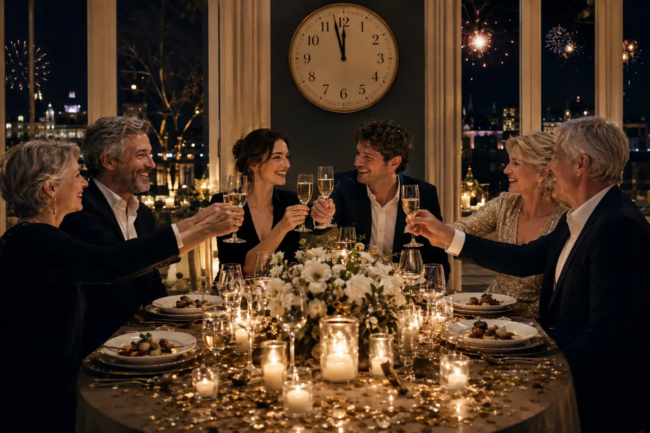 Six adultes échangeant leurs vœux autour d’un repas de réveillon élégant