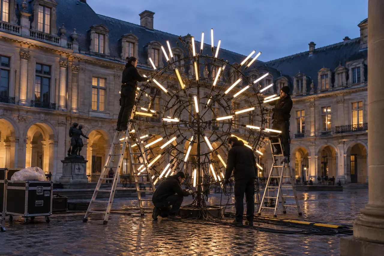 Artistes et techniciens installant une œuvre lumineuse dans une cour parisienne