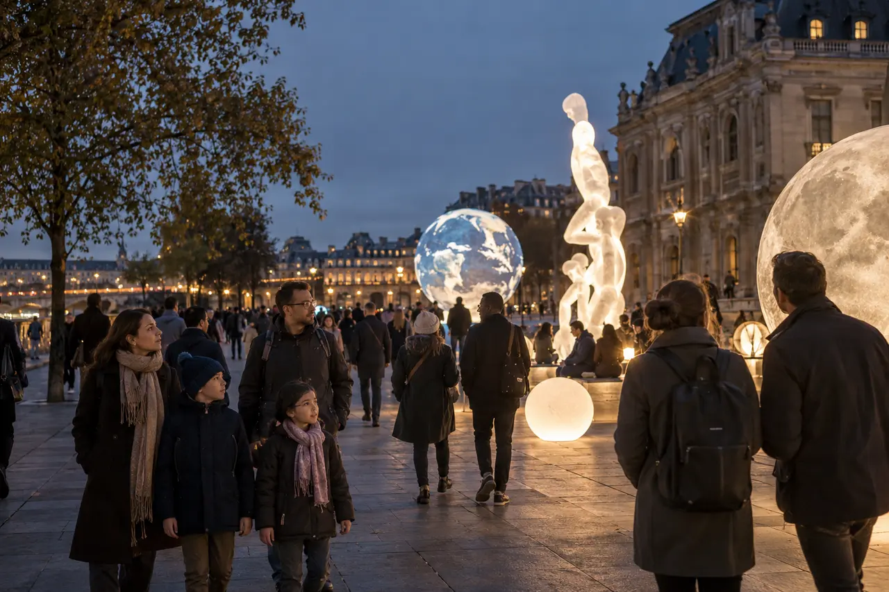 Familles et adultes découvrant des sculptures lumineuses sur un parcours parisien