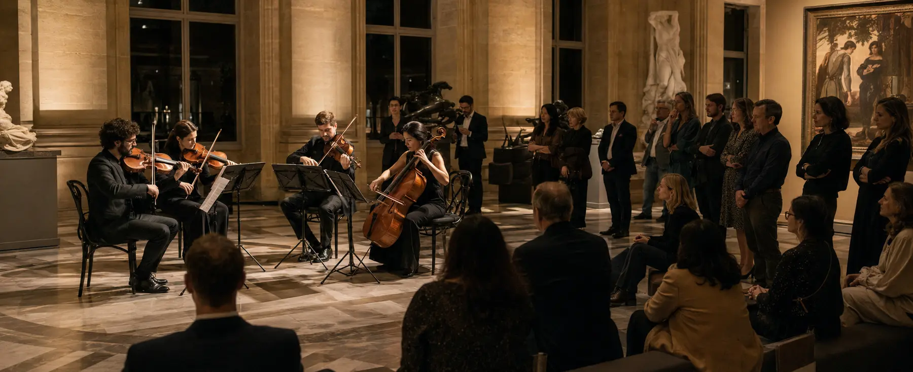 Quatuor à cordes jouant dans l’atrium d’un musée devant un public adulte