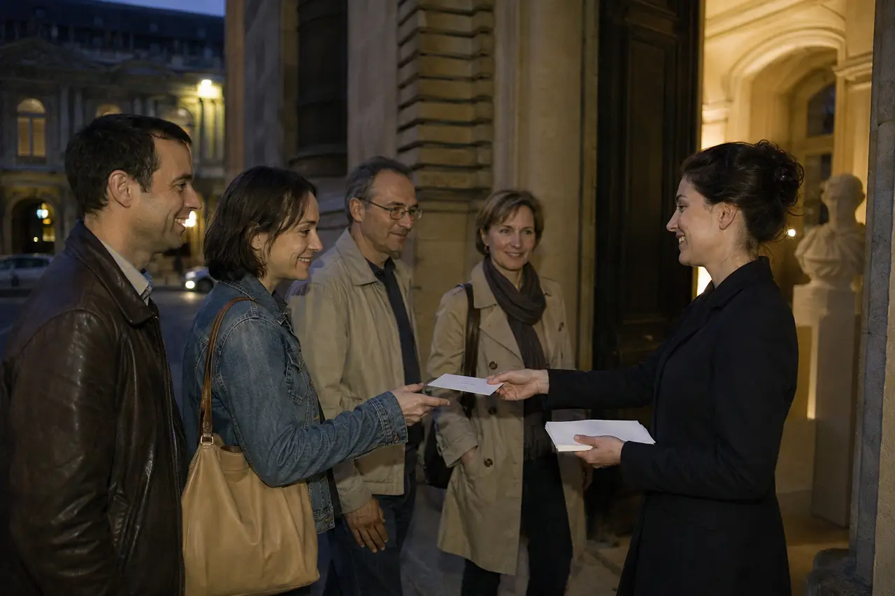 Visiteurs accueillis à l’entrée d’un musée au début d’une soirée