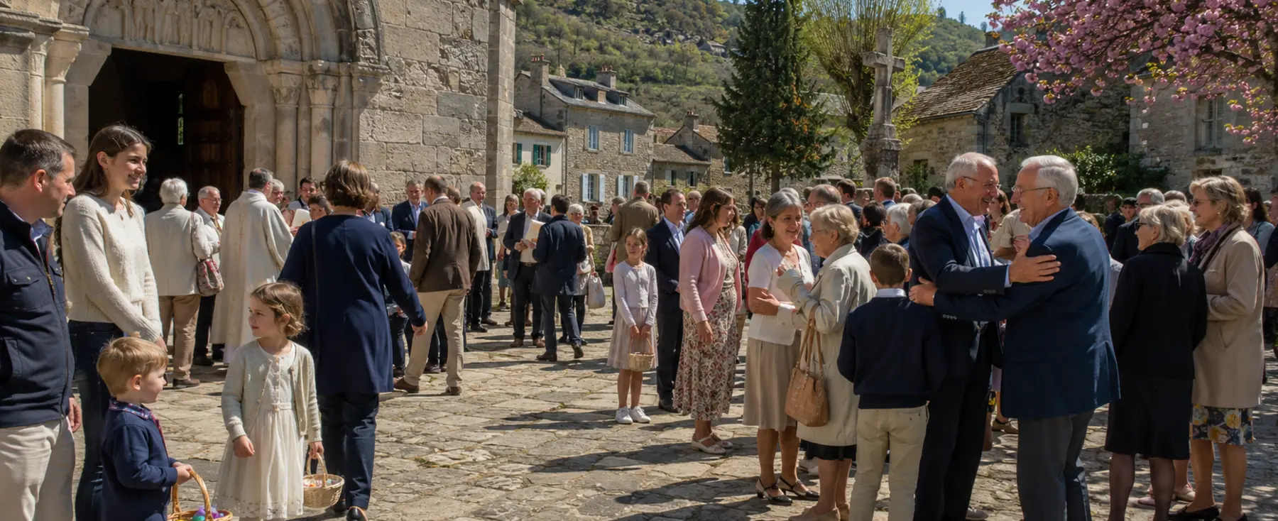 Familles réunies devant une église française après la célébration de Pâques