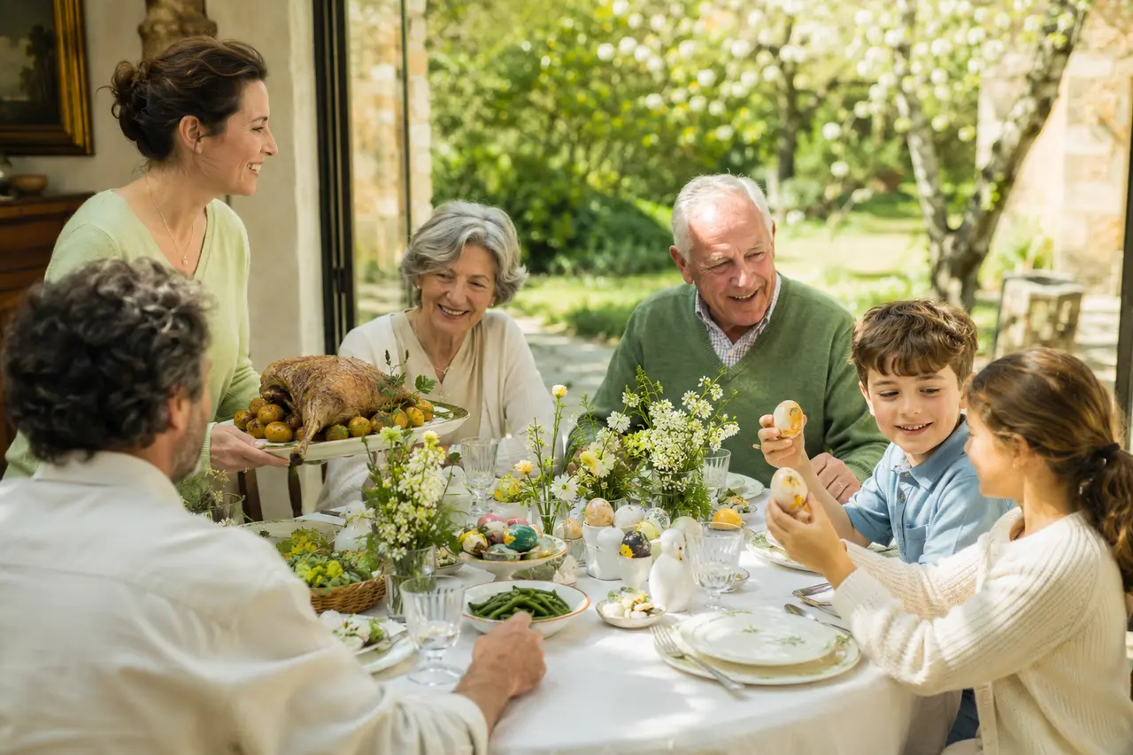Famille réunie autour d’un repas de Pâques dans une maison française